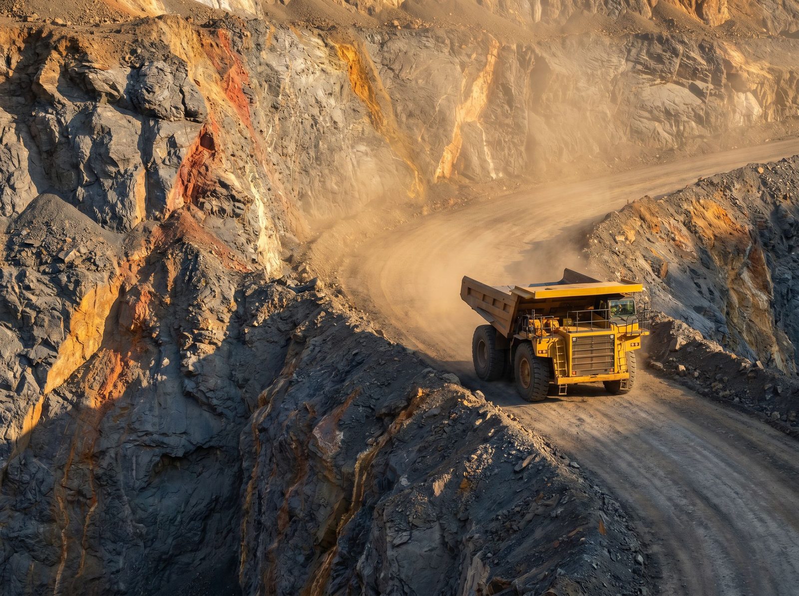 Komatsu mining trucks in quarry